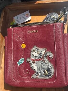 Chala Wine Red Crossbody Bag with Gray Cat Appliqué